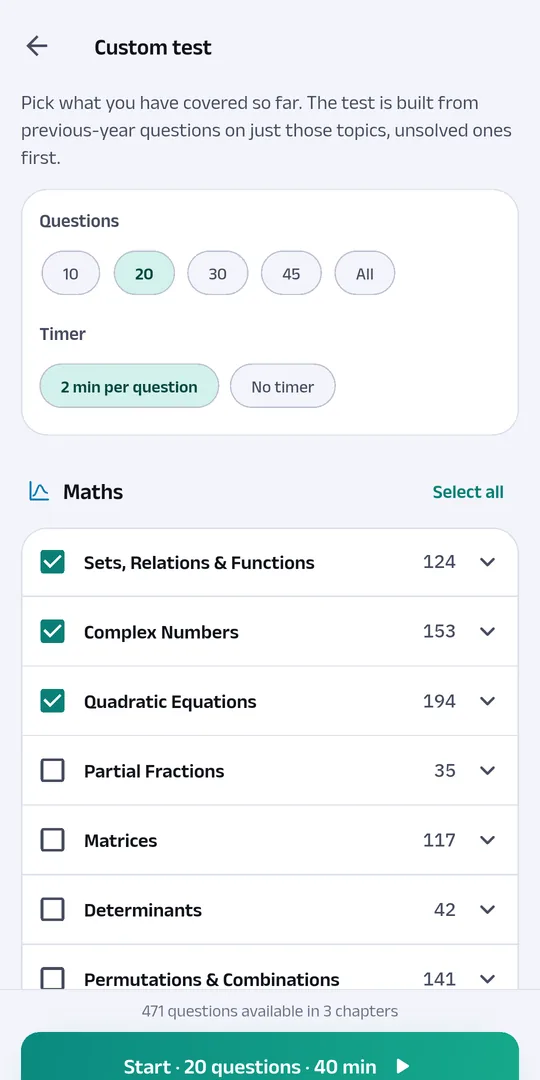 The custom test screen: finished chapters, number of questions and a timer