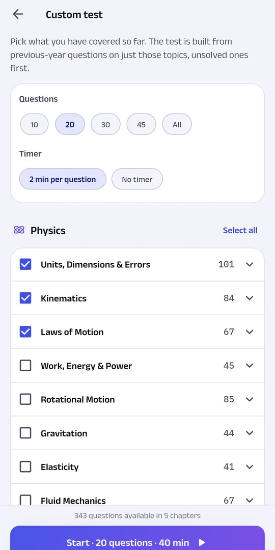 The custom test screen: choose finished chapters, the number of questions and a timer